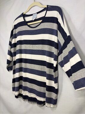 Blue White Gray Striped Tunic Top 3/4 Sleeves Casual Everyday Womens Medium